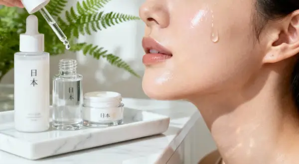 En droppe serum faller mot en glänsande hud, omgiven av japanska skönhetsprodukter. J beauty för en strålande hy.