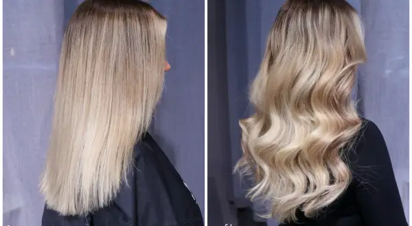 Före och efter-bilder visar en hårförvandling från mörkare toner till en ljusare, solkysst blond. Håret har fått volym och glans.