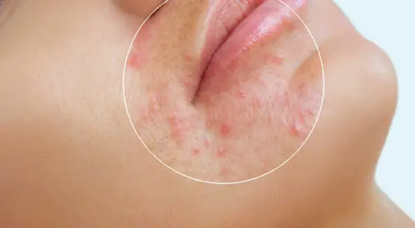 När perioral dermatit blossar upp kan stress vara en bidragande orsak. Bilden visar rodnad och små utslag runt munnen.