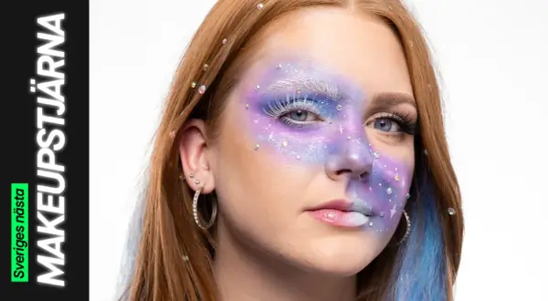 Sista minuten halloween sminkning med lila och blått stjärnstoft, glitter och vita ögonfransar. En drömsk look för en snabb förvandling.