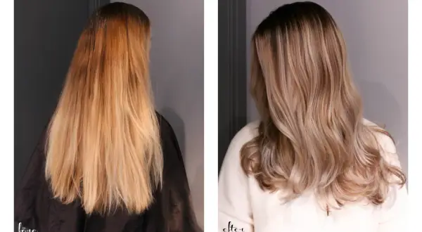 Före och efter-bilder på en hårförvandling. Från orange hår efter blekning till en mjukare, ljusare balayage.