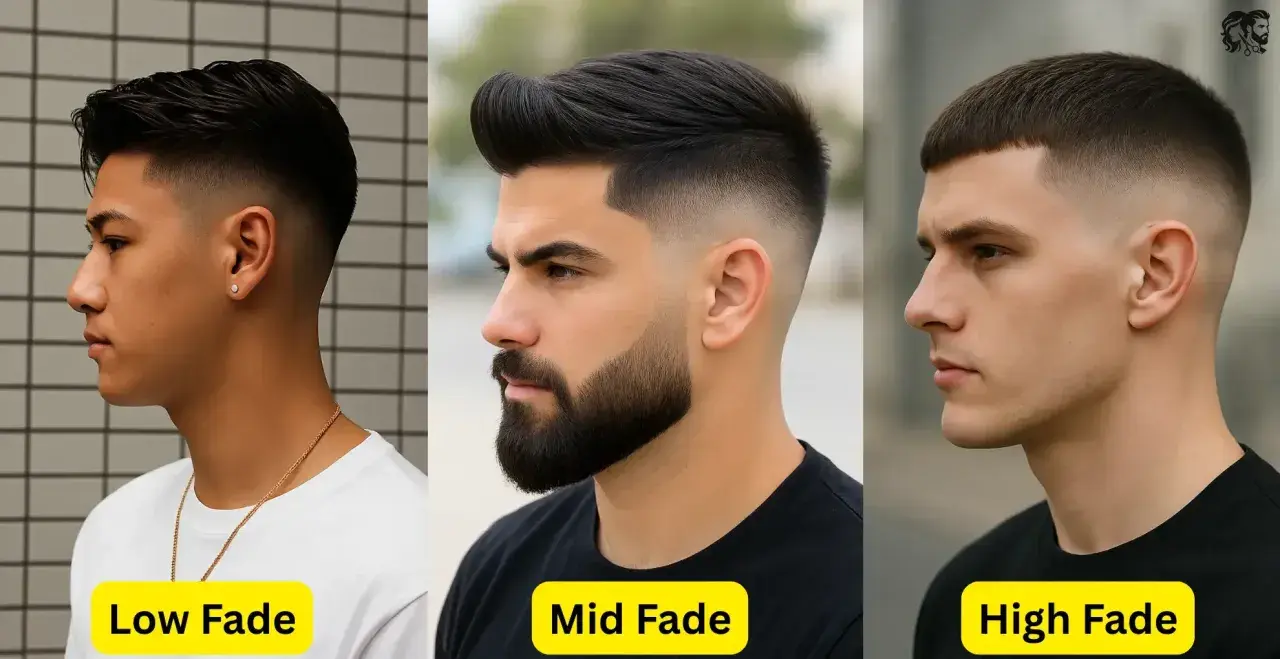 Tre män visar upp olika fades: low fade, mid fade och high fade. Klassiska herrfrisyrer.