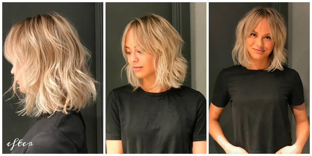 En kvinna med blont, tunt hår och gardinlugg. Håret är stylat i en avslappnad lob med mjuka vågor.
