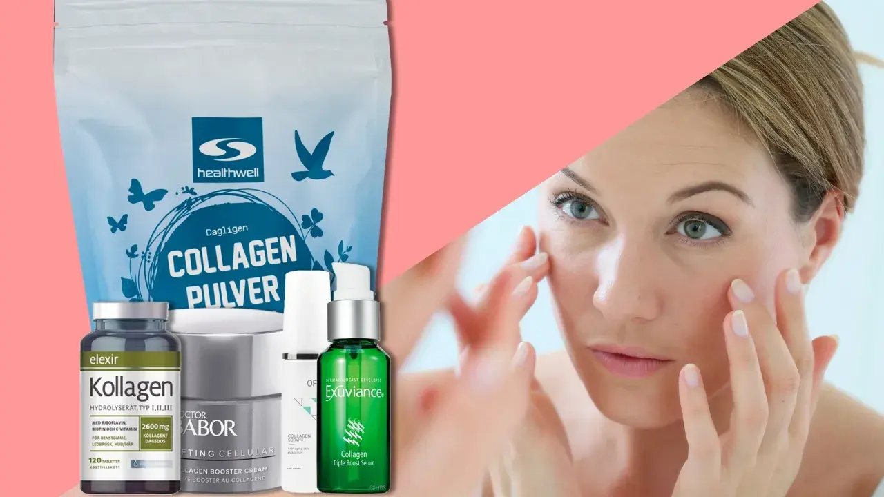 Kollagen hudvårdsprodukter som pulver, serum och krämer visas bredvid en kvinna som applicerar hudvård.