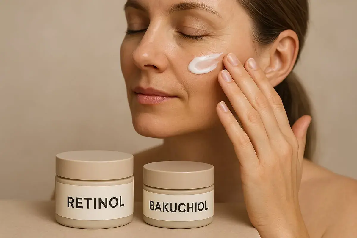 Kvinna applicerar kräm på kinden. Två burkar syns, en med texten RETINOL, som kan hjälpa mot akne.