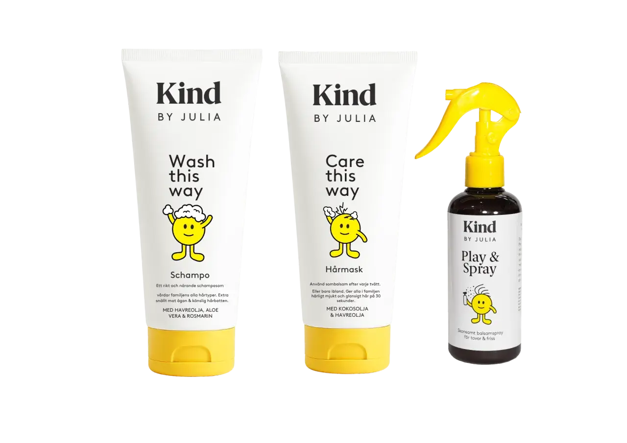 Kind by Julia schampo, hårmask och balsamspray med glad figur. Perfekt för att tova i hårtesten och få mjukt hår.