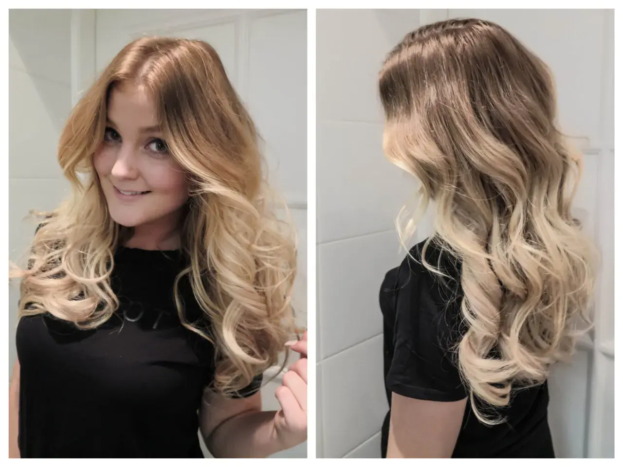Kvinnan visar upp sina vackra, långa lockar. Hon ler och visar hur man får lockar att hålla.