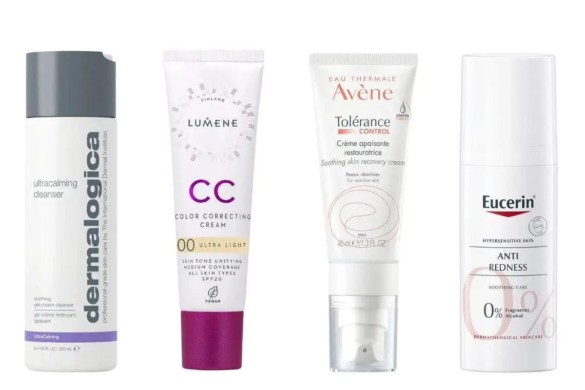 Produkter för hudvård rosacea: rengöring, CC-kräm, återfuktande kräm och anti-redness.