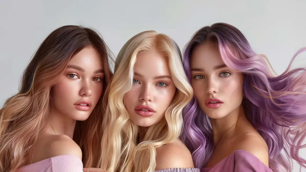 Tre unga kvinnor med vackert stylat hår. En har brunt ombre, en annan blont och den tredje lila och rosa slingor. De visar upp hur man kan tona håret för en ny look.