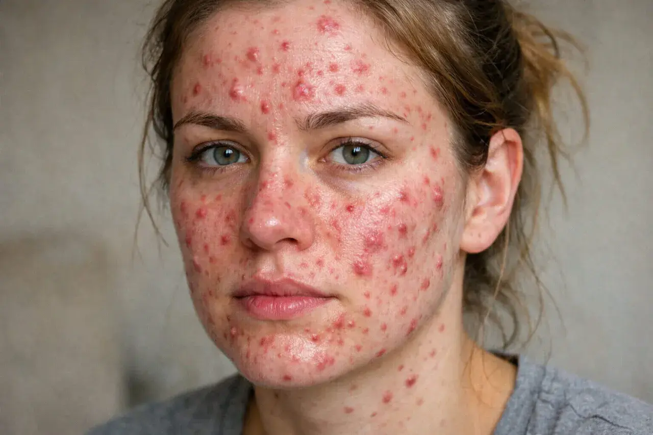 Ansikte med rodnad och utslag runt munnen, ett tydligt tecken på perioral dermatit.