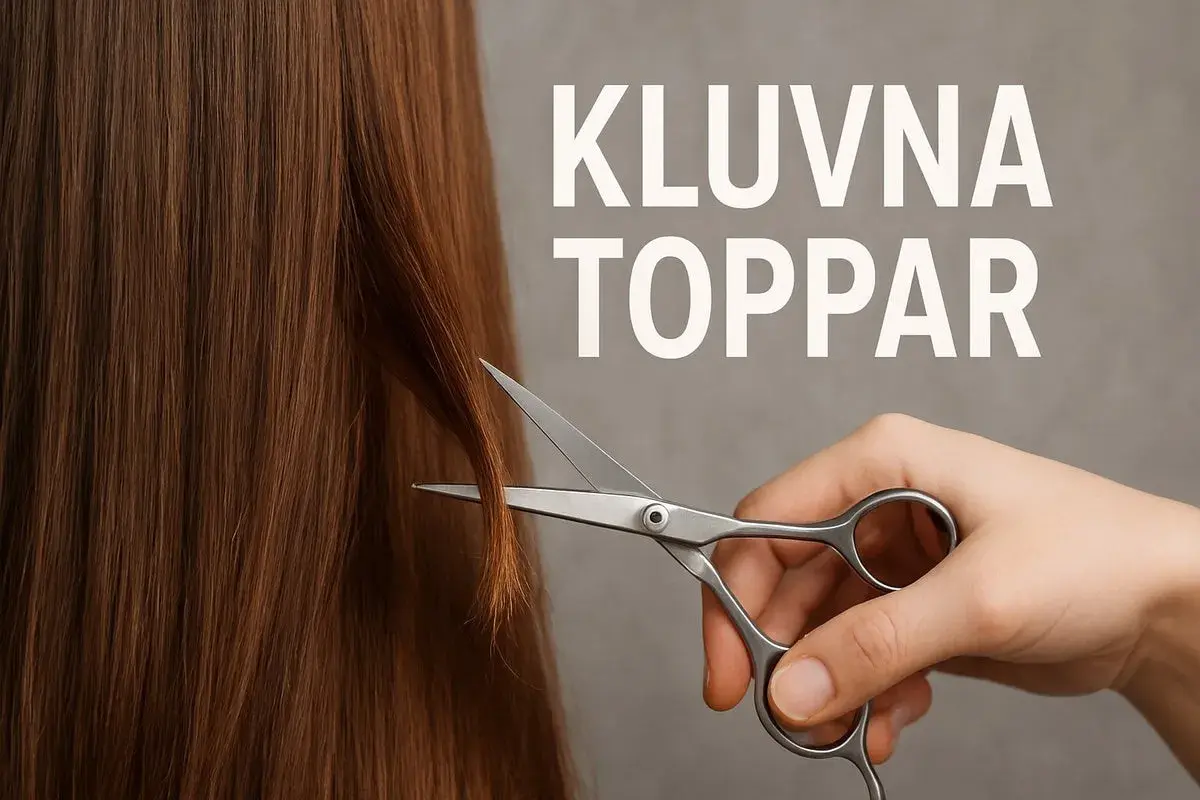 En hand sliter toning på håret med en sax. Texten "Kluvna toppar" syns i bakgrunden.