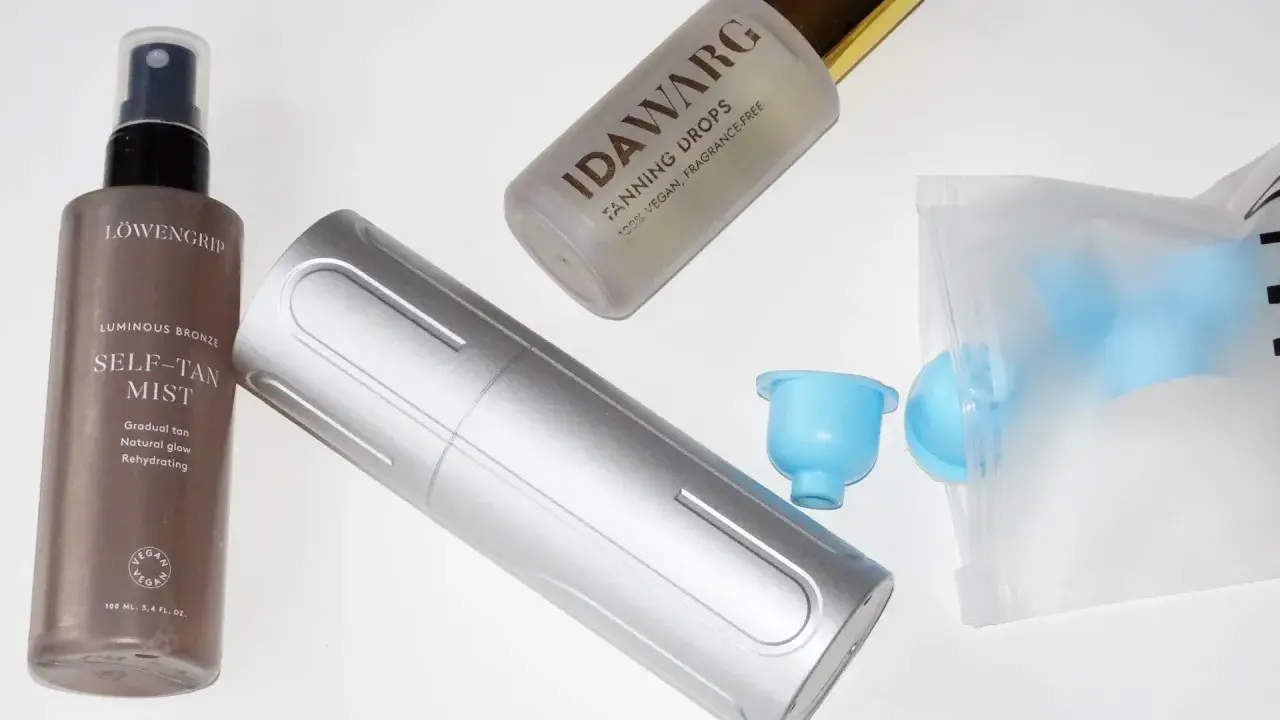 Brun utan sol tips: Löwengrip Self-Tan Mist och Idawarg Tanning Drops för en naturlig solkysst look.