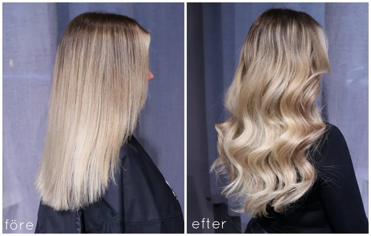 Före och efter-bilder visar en hårförvandling från mörkare toner till en ljusare, solkysst blond. Håret har fått volym och glans.
