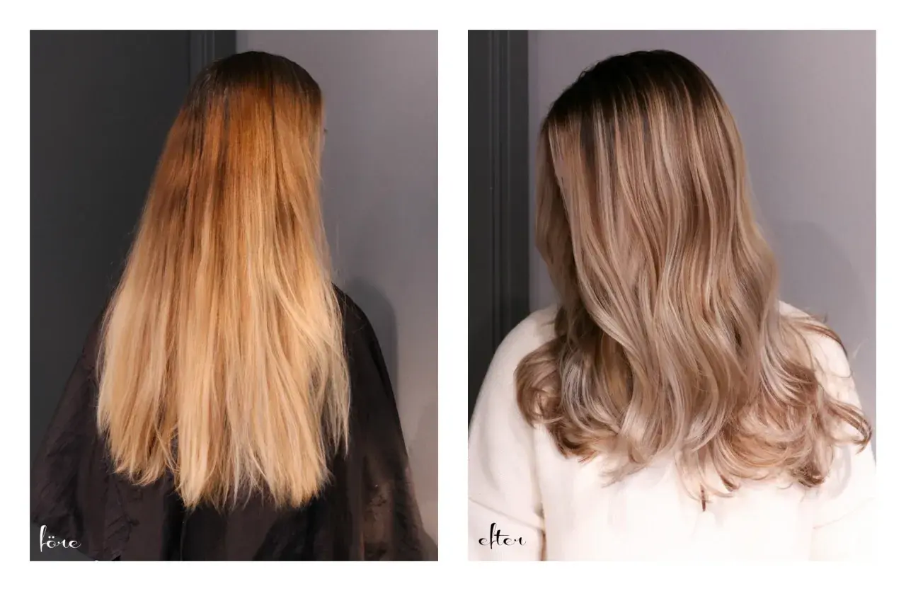 Före och efter-bilder på en hårförvandling. Från orange hår efter blekning till en mjukare, ljusare balayage.