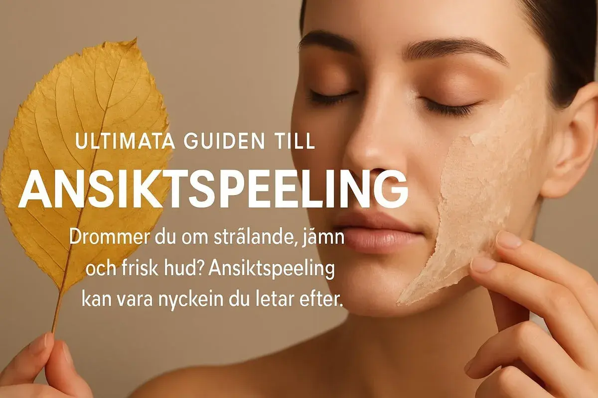 En kvinna med slutna ögon drar försiktigt av ett lager av en ansiktspeeling. En gul höstlöv ligger bredvid texten "ULTIMATA GUIDEN TILL ANSIKTSPEELING".