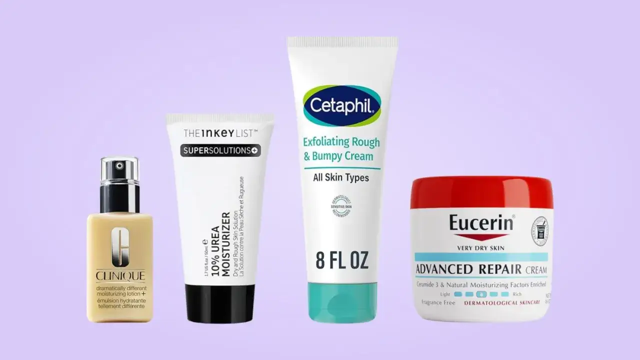 Hudvårdsprodukter med karbamid för ansiktet: Clinique, The Inkey List 10% Urea Moisturizer, Cetaphil Exfoliating Rough & Bumpy Cream och Eucerin Advanced Repair Cream.