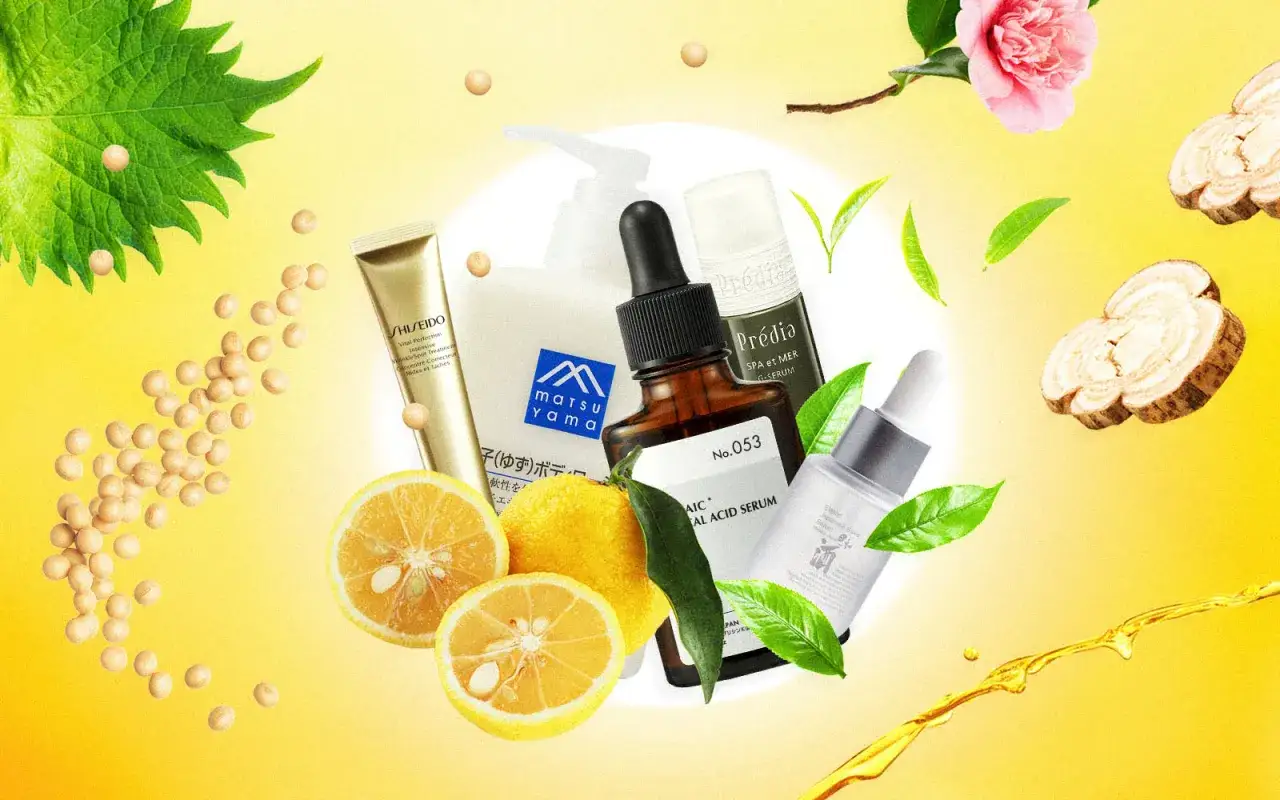 Japansk skönhet med hudvårdsprodukter, citron, teblad och kamelia. Naturliga ingredienser för din j beauty-rutin.