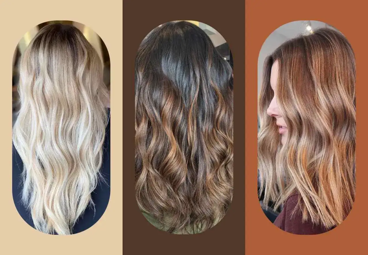 Tre olika frisyrer med balayage-effekt. En ljusblond, en mörkbrun med koppartoner och en mellanbrun med ljusare slingor.