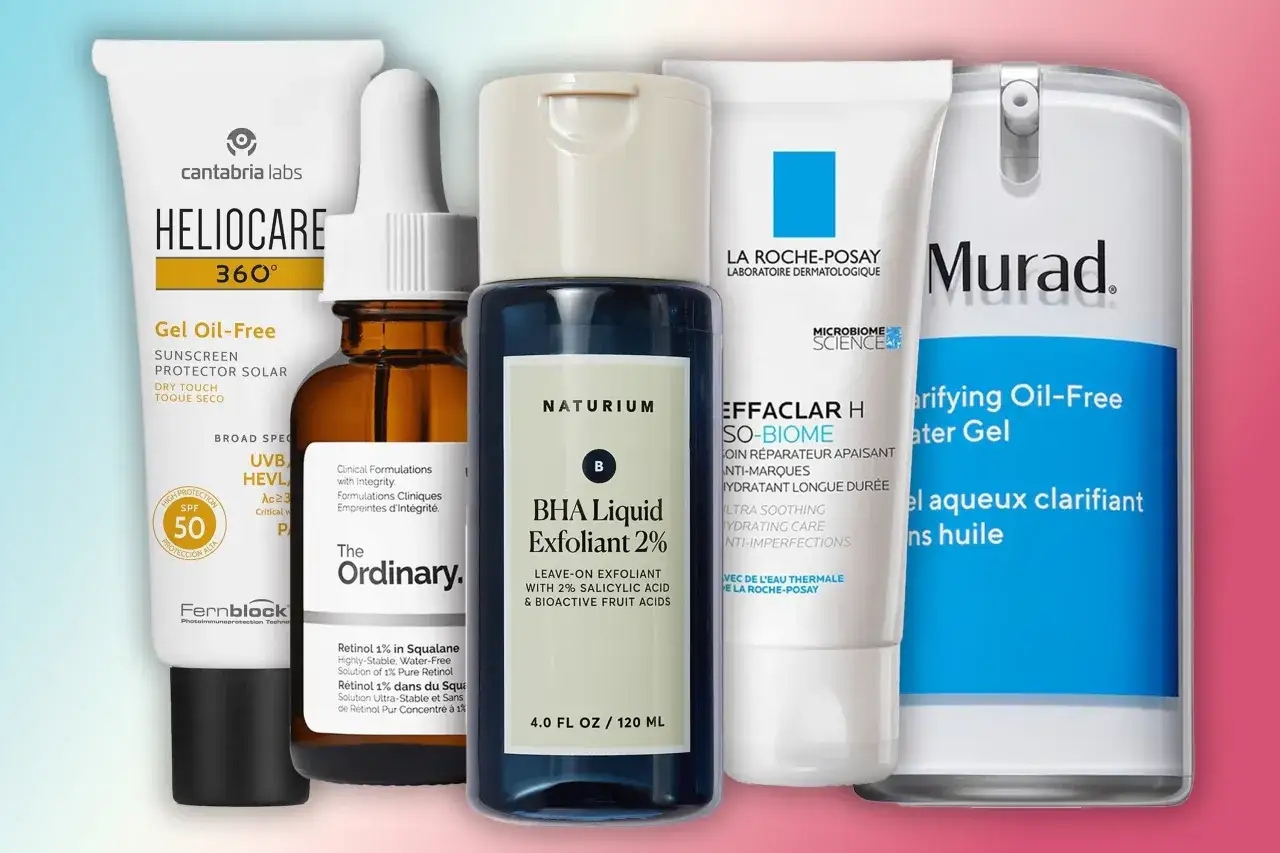 Hudv&aring;rd finnar: En samling hudv&aring;rdsprodukter, inklusive solskydd, serum och exfolierande v&auml;tska, f&ouml;r att bek&auml;mpa finnar och f&ouml;rb&auml;ttra hudens h&auml;lsa.