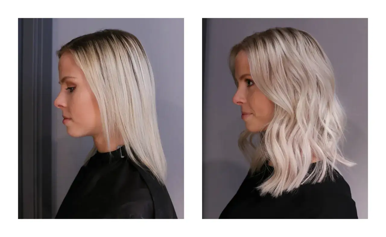 Före och efter-bilder på en kvinna med blont hår. Håret har fått en ny, vågig frisyr som framhäver hennes scandinavian hairline.