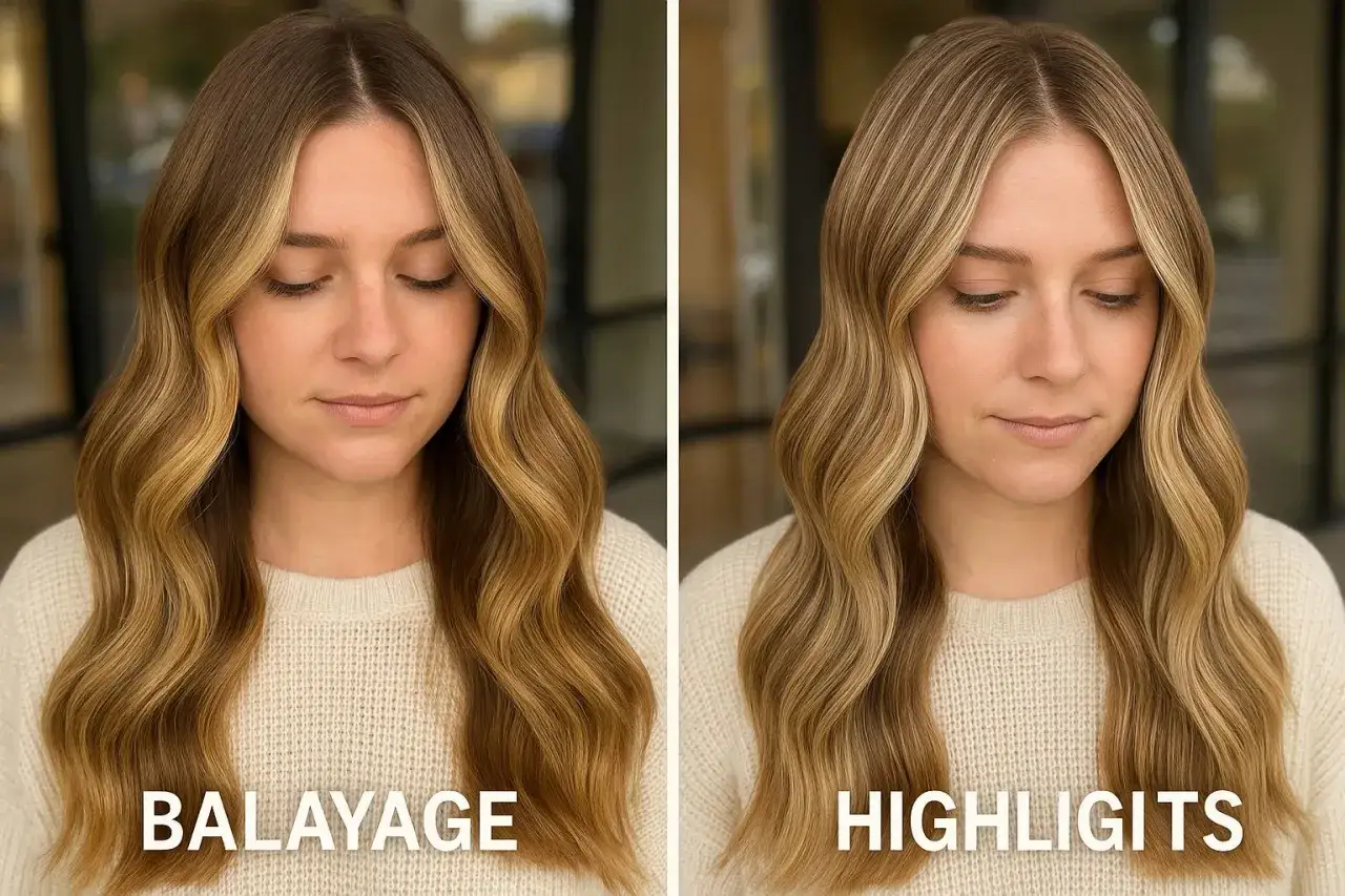 Kvinnans balayage h&aring;r ger en mjuk &ouml;verg&aring;ng fr&aring;n m&ouml;rkare till ljusare toner, vilket skapar en solkysst effekt.