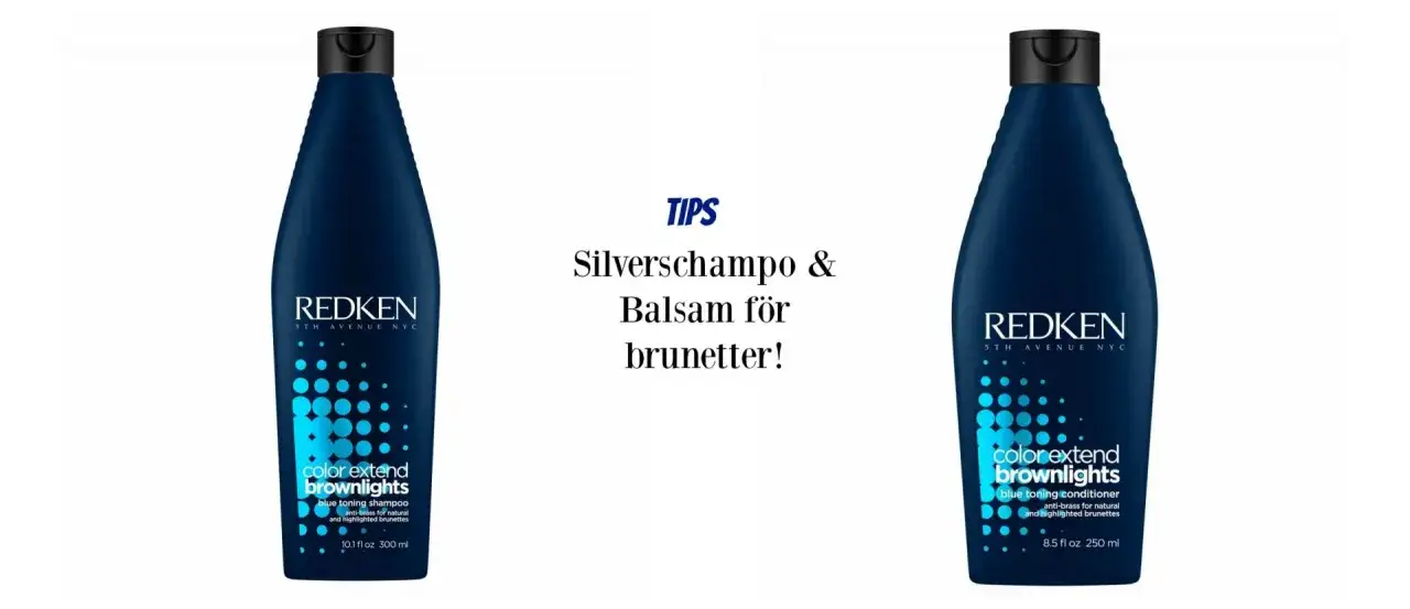 Två flaskor Redken Color Extend Brownlights, ett silverschampo och balsam för brunt hår, för att motverka gula toner.