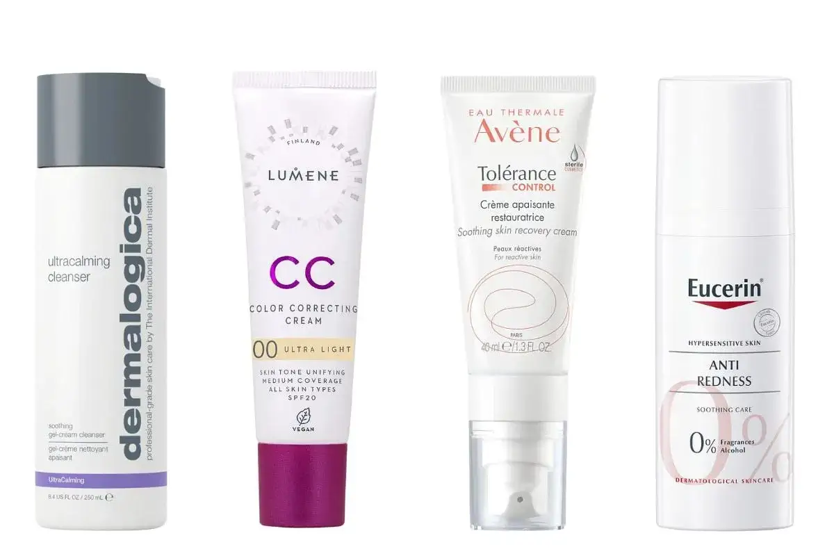Hudv&aring;rd f&ouml;r rosacea: Dermalogica, Lumene CC Cream, Av&egrave;ne Tol&eacute;rance och Eucerin Anti Redness.