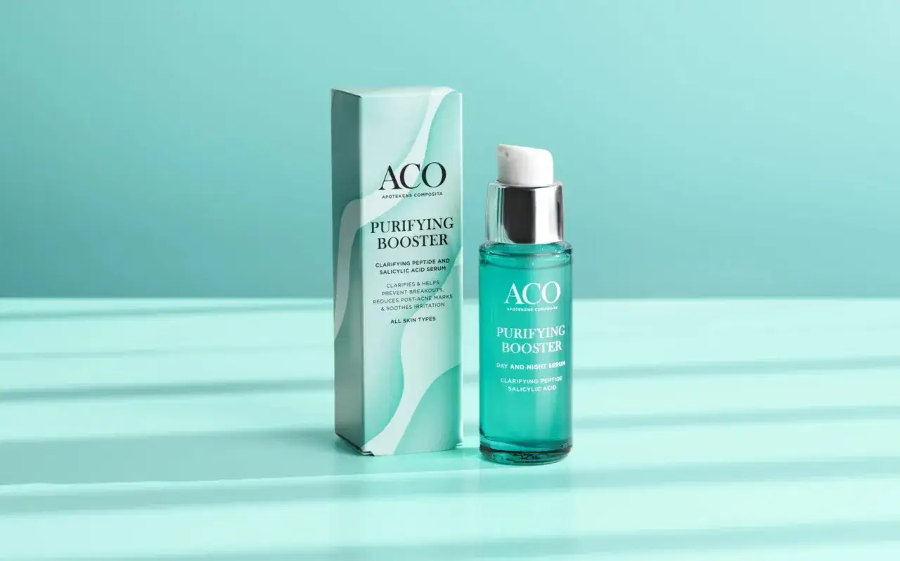 ACO Purifying Booster serum och förpackning. Hjälper mot glåmig hud och akne.