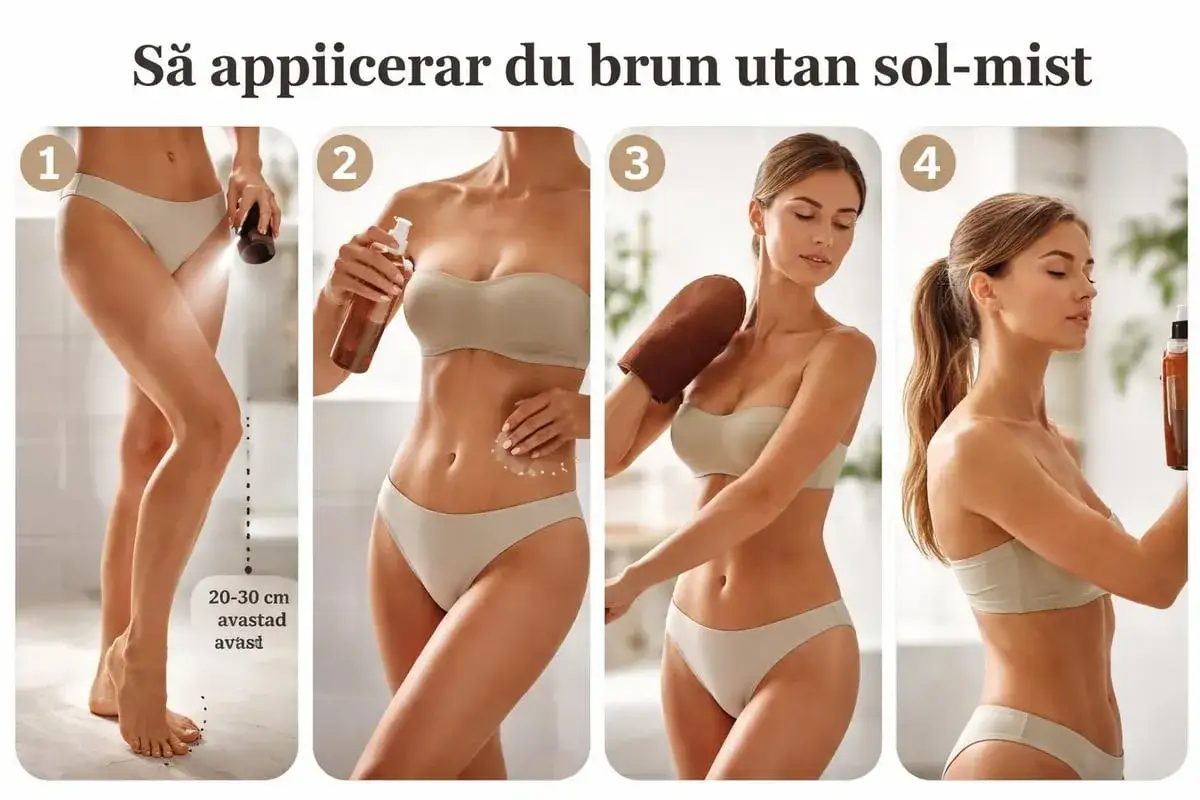 Steg-f&ouml;r-steg-guide f&ouml;r brun utan sol-mist. Applicera j&auml;mnt med 20-30 cm avst&aring;nd, anv&auml;nd handske f&ouml;r fin finish.