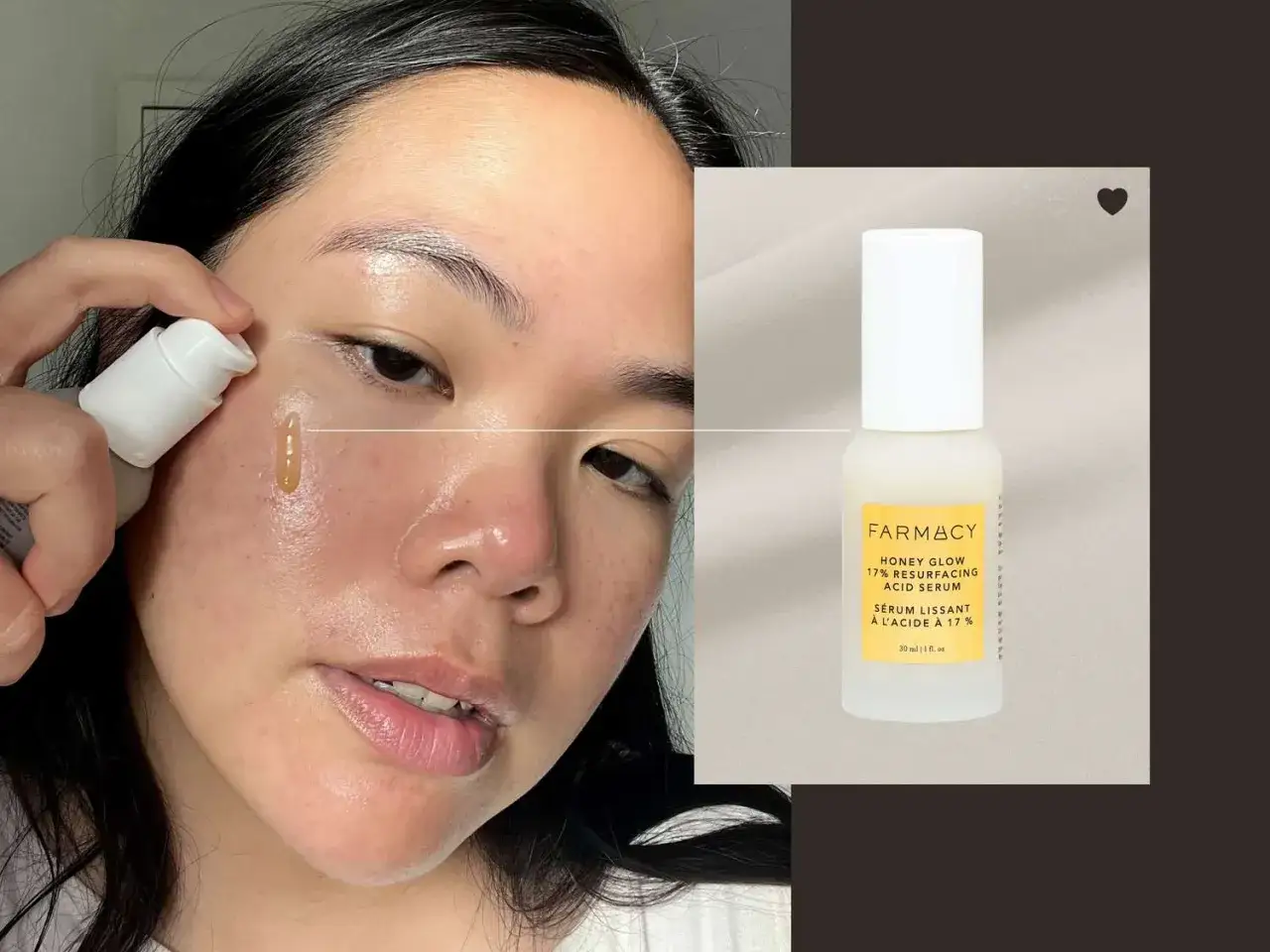 En kvinna applicerar serum för att exfoliera huden. Farmacy Honey Glow serum för en strålande hy.