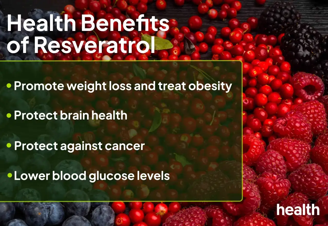 B&auml;r och text om resveratrols h&auml;lsof&ouml;rdelar, inklusive dess potential inom resveratrol hudv&aring;rd.