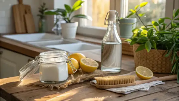 Naturliga ingredienser för att bleka håret med citron och bakpulver. En burk med bakpulver, citroner, en flaska vinäger och en borste på en träbänk.