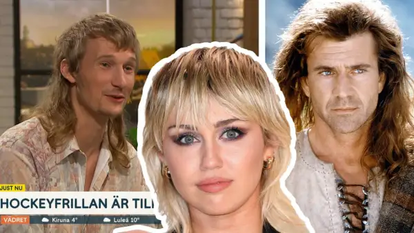 En man med modern hockeyfrilla, Miley Cyrus och Mel Gibson i en montage.