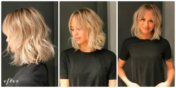 En kvinna med blont, tunt hår och gardinlugg. Håret är stylat i en avslappnad lob med mjuka vågor.