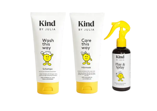 Kind by Julia schampo, hårmask och balsamspray med glad figur. Perfekt för att tova i hårtesten och få mjukt hår.