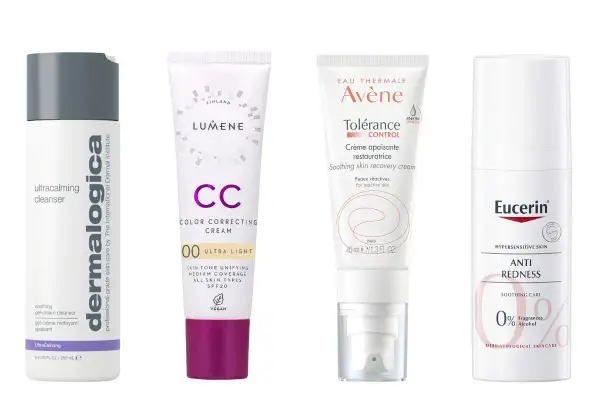 Produkter för hudvård rosacea: rengöring, CC-kräm, återfuktande kräm och anti-redness.