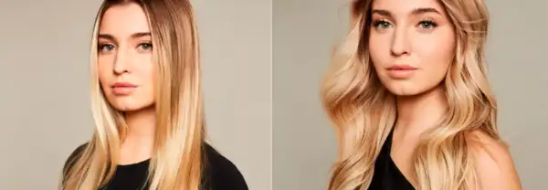 Två bilder av en kvinna med blont hår. Till vänster är håret rakt, till höger är det vågigt. Hennes scandinavian hairline framhävs.