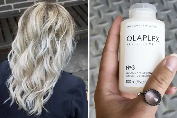 Blont, vågigt hår och en flaska Olaplex No.3. Vissa upplever inga olaplex biverkningar, andra får känslig hårbotten.