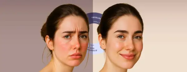 Före och efter-bilder som visar effekten av skin cycling. Till vänster en orolig, rödflammig hy. Till höger en lugn, strålande hud.