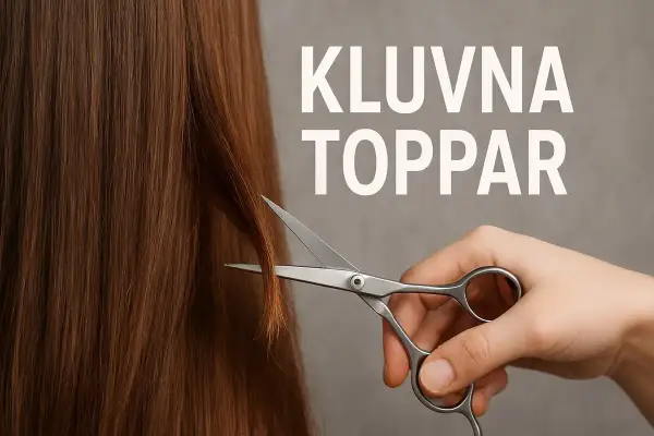 En hand sliter toning på håret med en sax. Texten "Kluvna toppar" syns i bakgrunden.