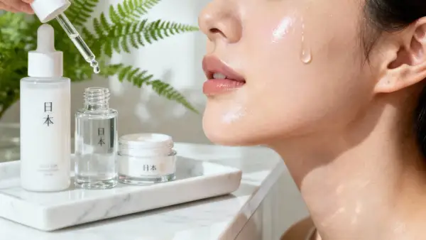 En droppe serum faller mot en glänsande hud, omgiven av japanska skönhetsprodukter. J beauty för en strålande hy.