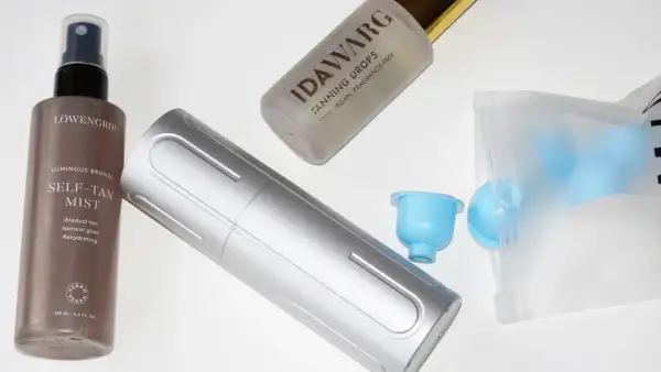 Brun utan sol tips: Löwengrip Self-Tan Mist och Idawarg Tanning Drops för en naturlig solkysst look.