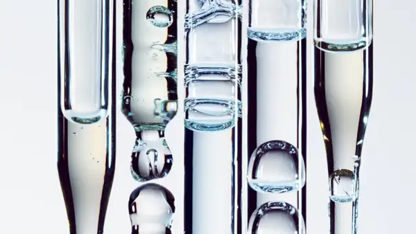 Droppar av serum med bubblor i pipetter, en visuell representation av aktiv hudvård.