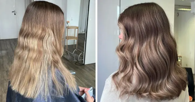 Före- och efterbild på en hårförvandling. Håret har fått en vacker bronde-färg med mjuka vågor.